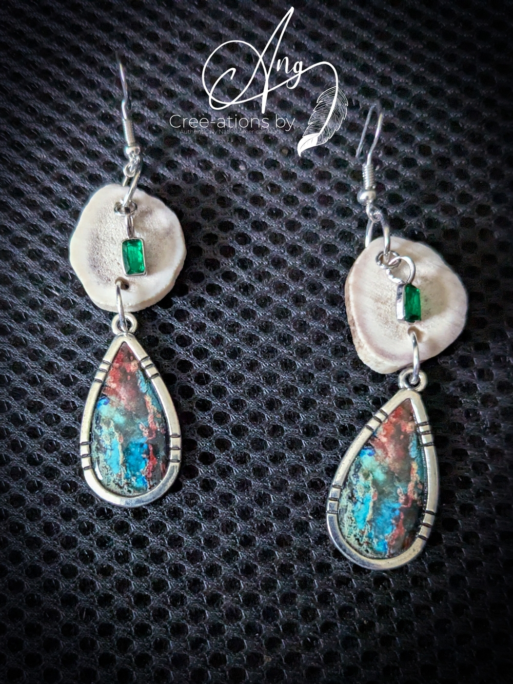 Handmade Multicolor Elk Antler Teardrop Dangle Earrings with Green Accent